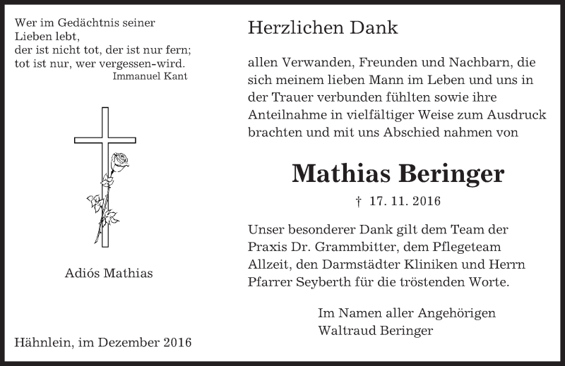 Traueranzeigen Von Mathias Beringer Vrm Trauer De