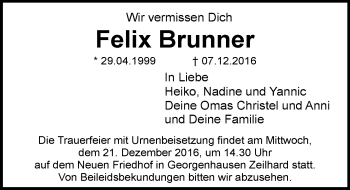 Traueranzeigen Von Felix Brunner Vrm Trauer De