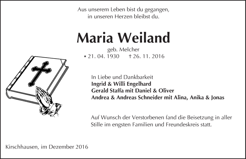 Traueranzeigen Von Maria Weiland Vrm Trauer De