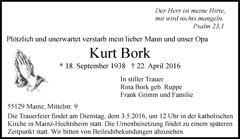 Traueranzeigen Von Kurt Bork Vrm Trauer De