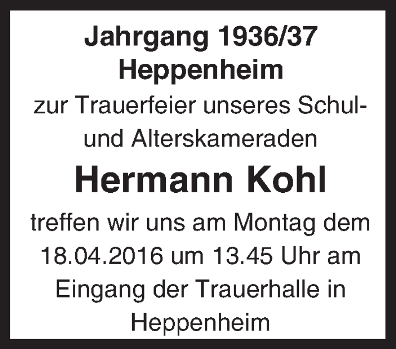 Traueranzeigen Von Hermann Kohl Vrm Trauer De