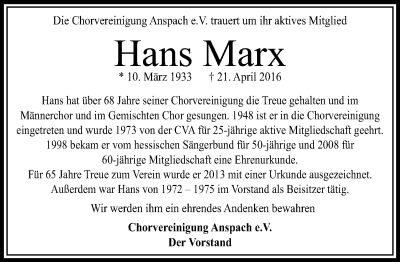 Traueranzeigen Von Hans Marx Vrm Trauer De