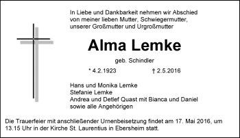 Traueranzeige von Alma Lemke von  Allgemeine Zeitung Mainz