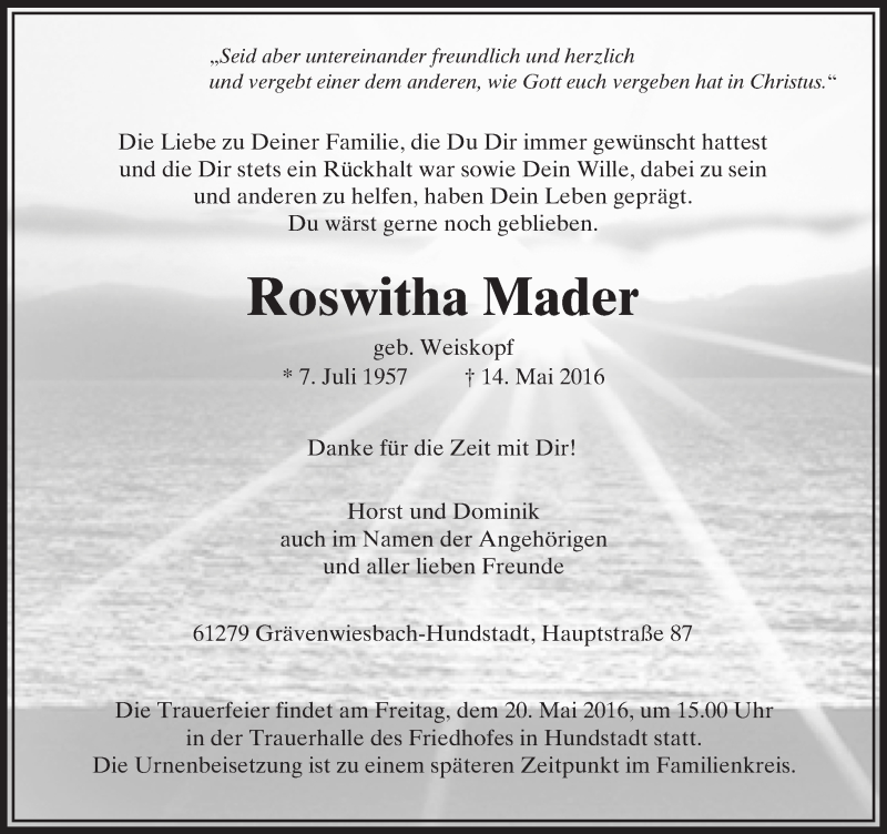 Traueranzeigen Von Roswitha Mader Vrm Trauer De