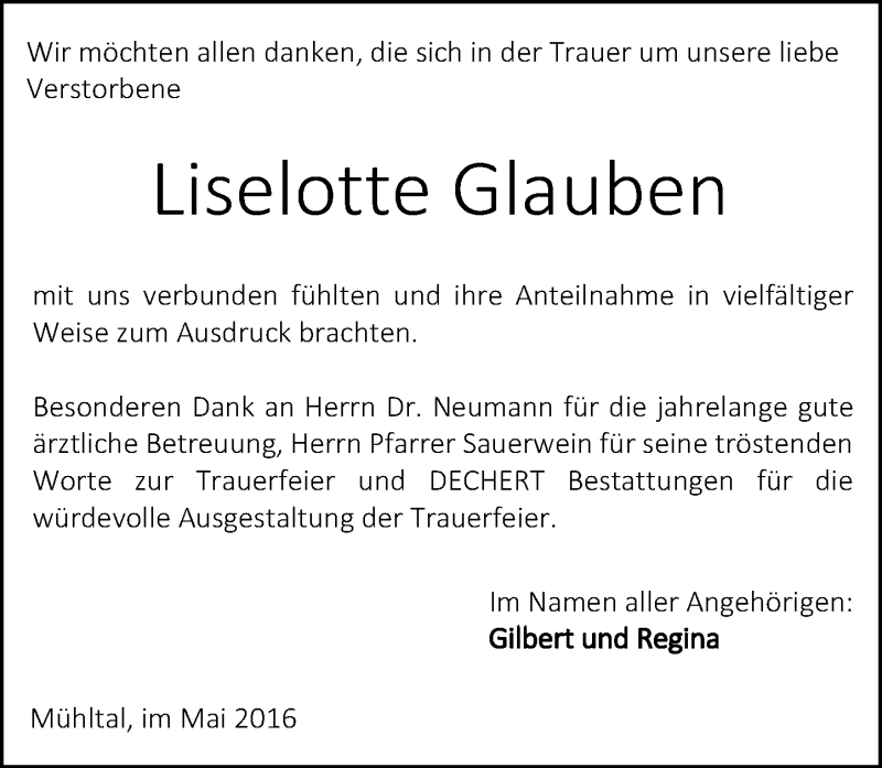 Traueranzeigen Von Liselotte Glauben Vrm Trauer De