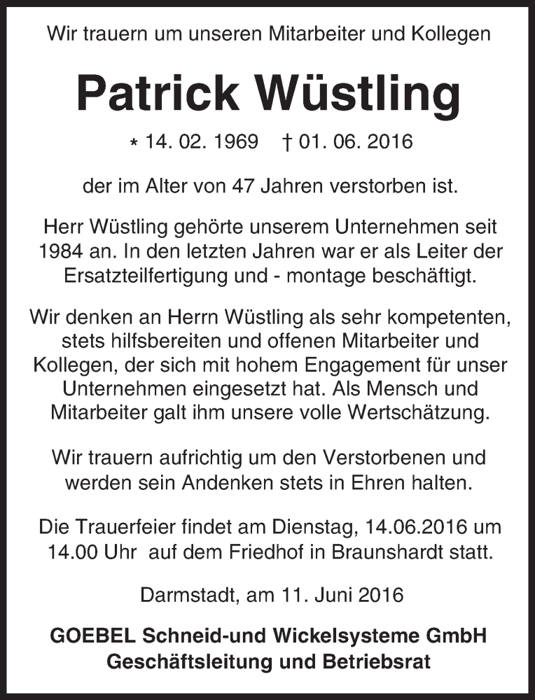 Traueranzeigen von Patrick Wüstling vrm trauer de