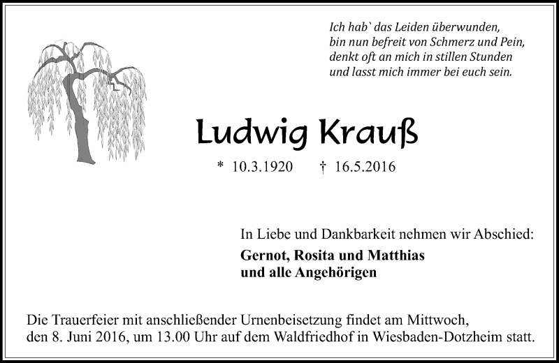 Traueranzeigen von Ludwig Krauß vrm trauer de