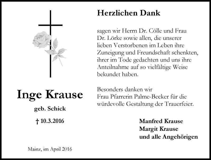 Traueranzeigen Von Inge Krause Vrm Trauer De