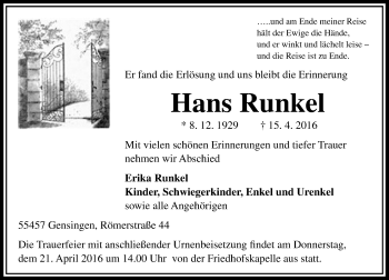 Traueranzeigen Von Hans Runkel Vrm Trauer De