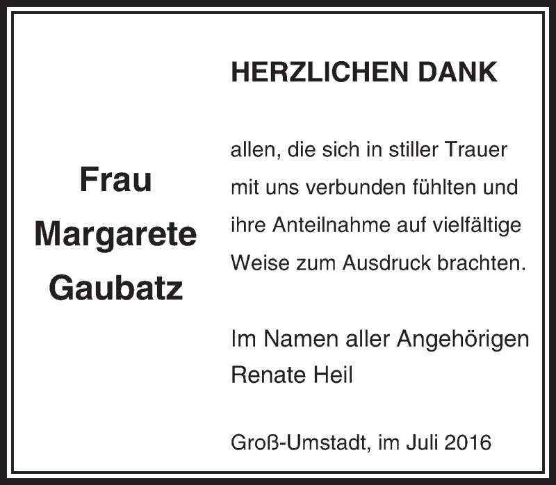 Traueranzeigen Von Margarete Gaubatz Vrm Trauer De