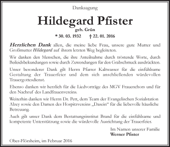 Traueranzeigen Von Hildegard Pfister Vrm Trauer De