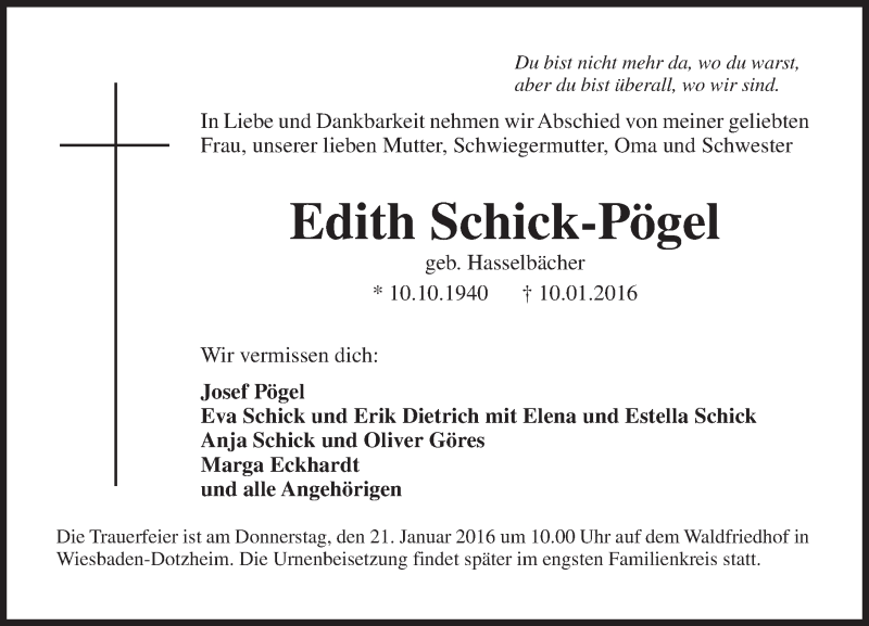 Traueranzeigen Von Edith Schick P Gel Vrm Trauer De