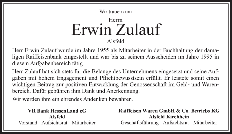 Traueranzeigen Von Erwin Zulauf Vrm Trauer De