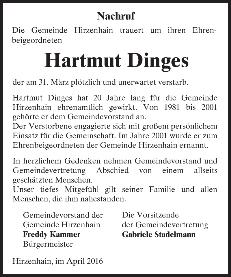 Traueranzeigen Von Hartmut Dinges Vrm Trauer De