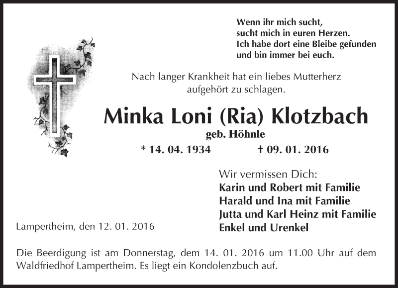 Traueranzeigen Von Minka Loni Klotzbach Vrm Trauer De