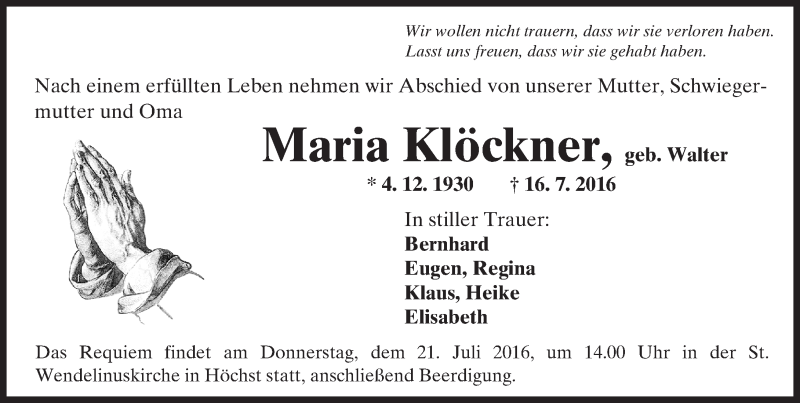 Traueranzeigen Von Maria Kl Ckner Vrm Trauer De