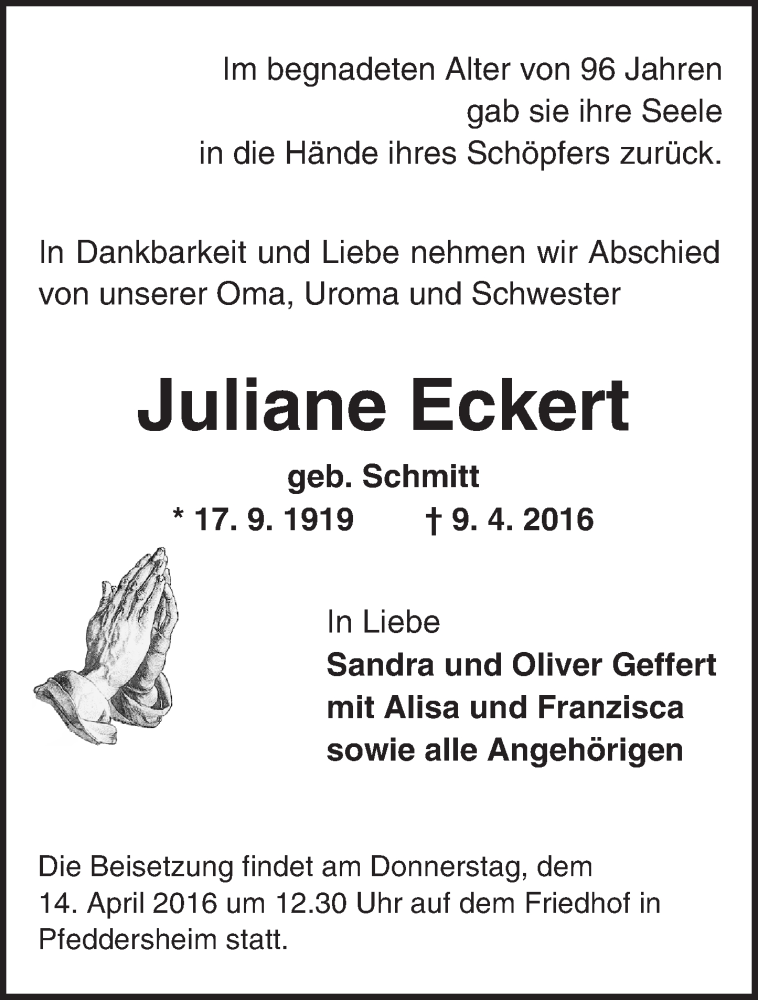 Traueranzeigen Von Juliane Eckert Vrm Trauer De