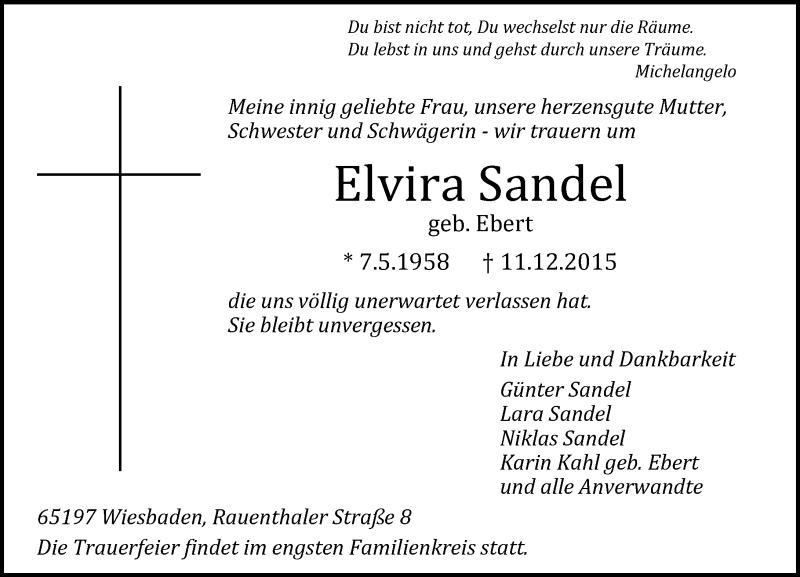 Traueranzeigen Von Elvira Sandel Vrm Trauer De