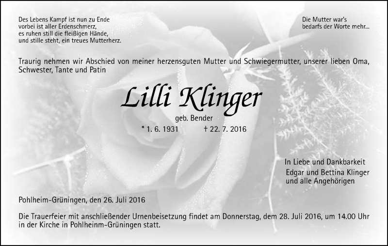 Traueranzeigen Von Lilly Klinger Vrm Trauer De