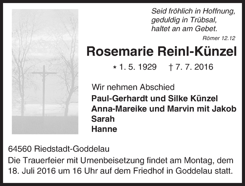 Traueranzeigen Von Rosemarie Reinl K Nzel Vrm Trauer De