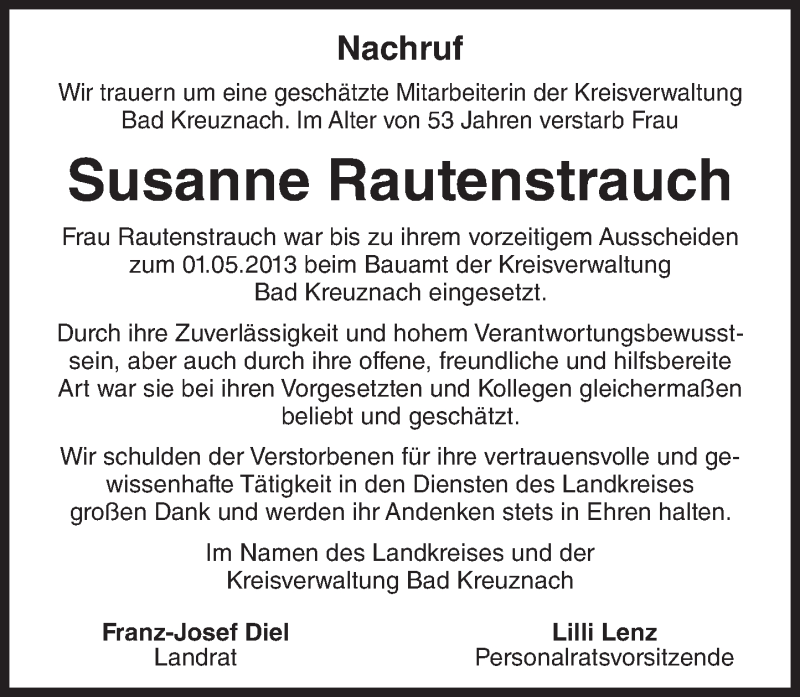 Traueranzeigen Von Susanne Rautenstrauch Vrm Trauer De