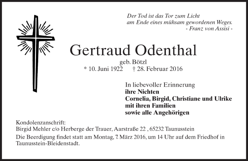 Traueranzeigen Von Gertraud Odenthal Vrm Trauer De