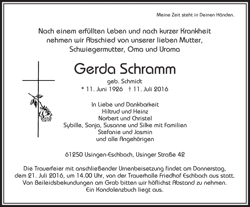 Traueranzeigen Von Gerda Schramm Vrm Trauer De