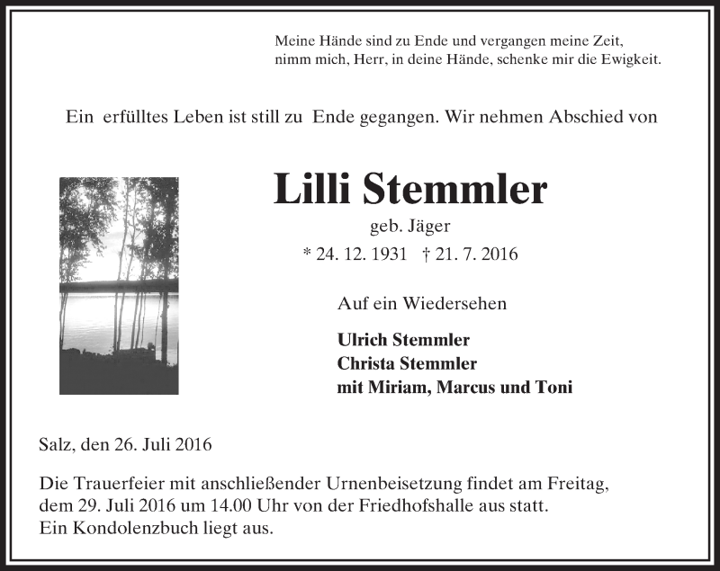 Traueranzeigen Von Lilli Stemmler Vrm Trauer De