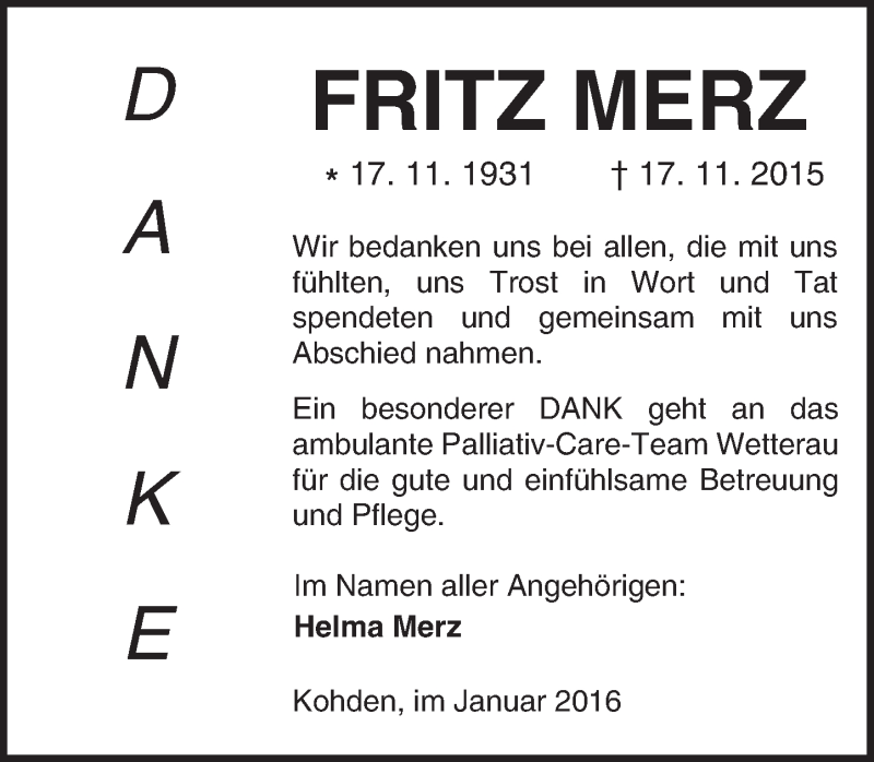 Traueranzeigen Von Fritz Merz Vrm Trauer De