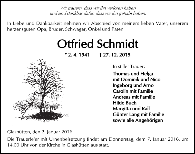 Traueranzeigen Von Otfried Schmidt Vrm Trauer De