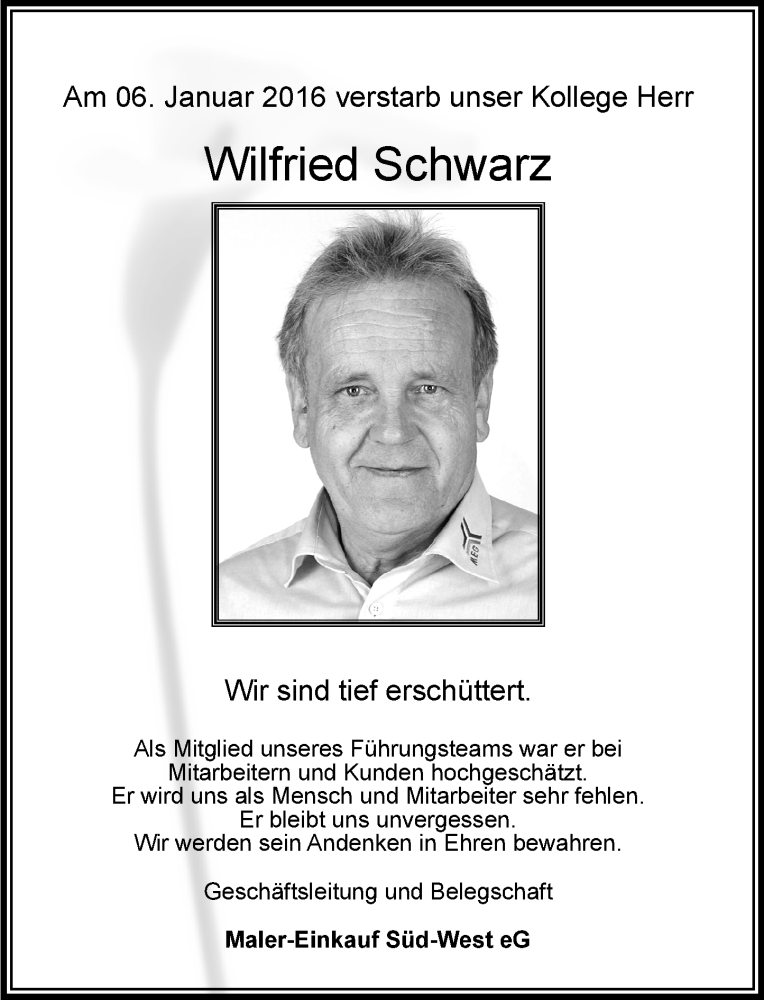 Traueranzeigen Von Wilfried Schwarz Vrm Trauer De