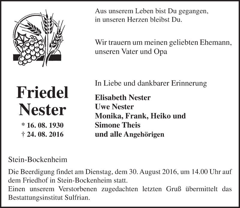 Traueranzeigen Von Friedel Nester Vrm Trauer De