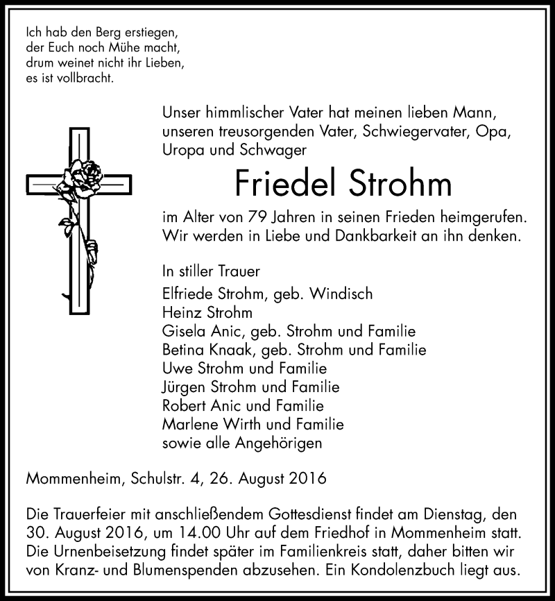 Traueranzeigen Von Friedel Strohm Vrm Trauer De