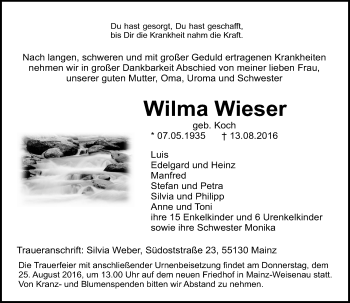 Traueranzeigen Von Wilma Wieser Vrm Trauer De