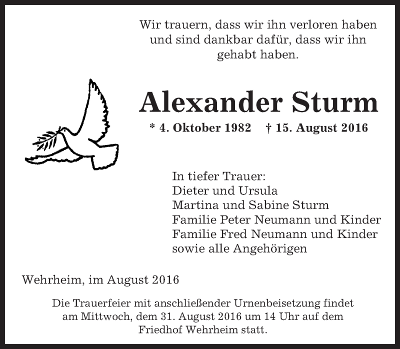 Traueranzeigen Von Alexander Sturm Vrm Trauer De