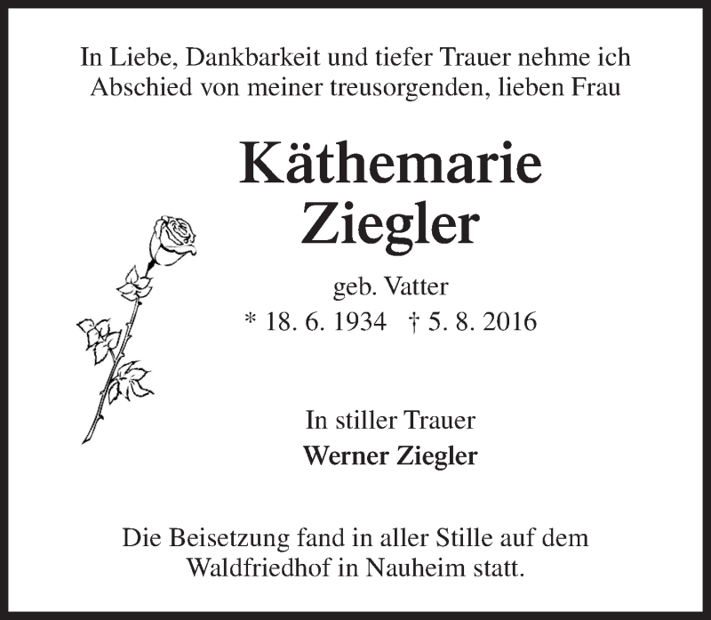 Traueranzeigen von Käthemarie Ziegler vrm trauer de