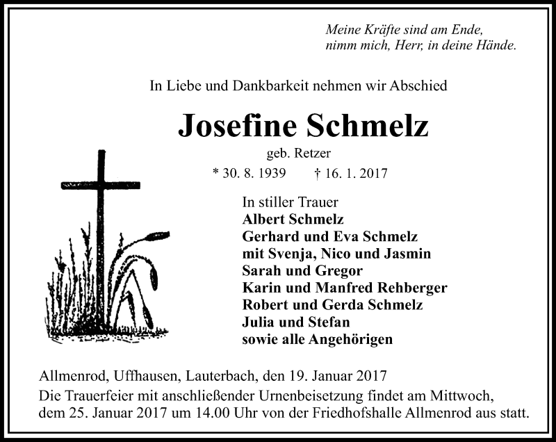 Traueranzeigen Von Josefine Schmelz Vrm Trauer De