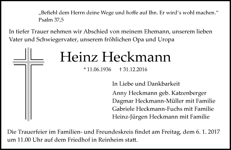 Traueranzeigen Von Heinz Heckmann Vrm Trauer De