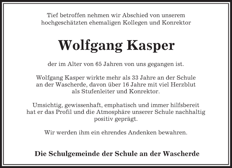 Traueranzeigen Von Wolfgang Kasper Vrm Trauer De