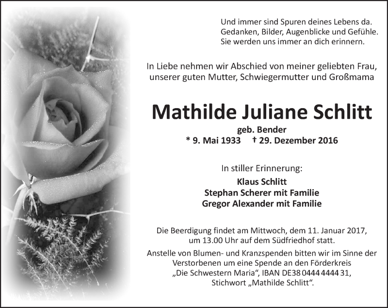 Traueranzeigen Von Mathilde Juliane Schlitt Vrm Trauer De