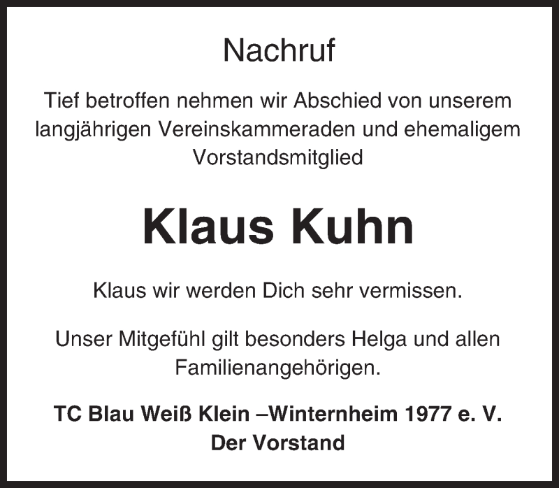 Traueranzeigen Von Klaus Kuhn Vrm Trauer De