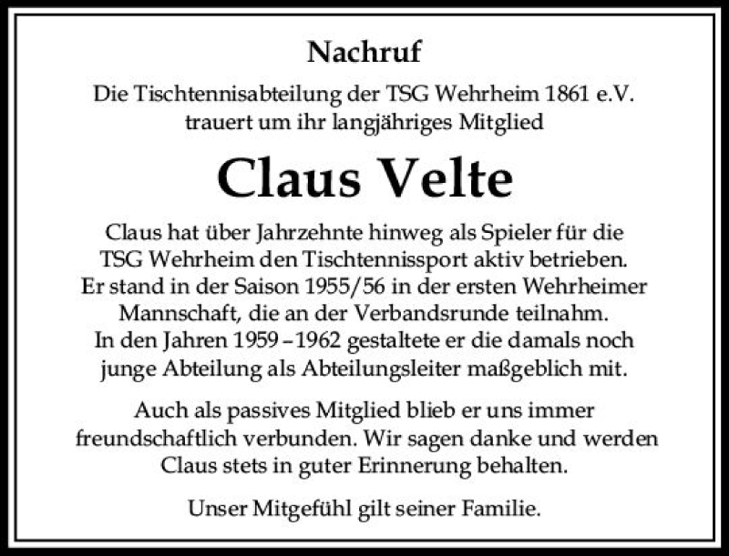 Traueranzeigen Von Claus Velte Vrm Trauer De