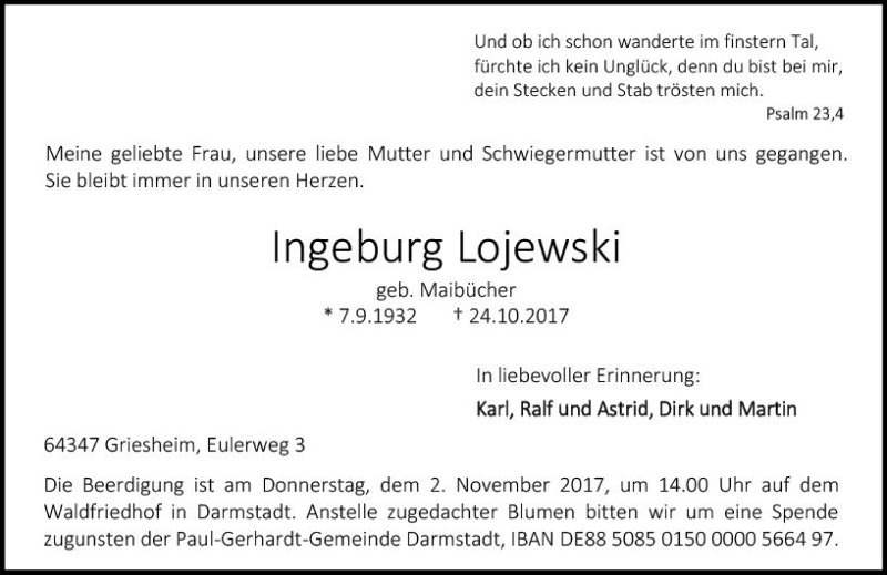 Traueranzeigen Von Ingeburg Lojewski Vrm Trauer De