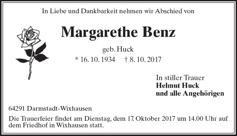 Traueranzeigen Von Margarethe Benz Vrm Trauer De