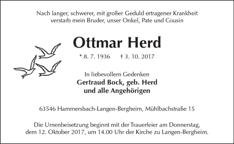 Traueranzeigen Von Ottmar Herd Vrm Trauer De