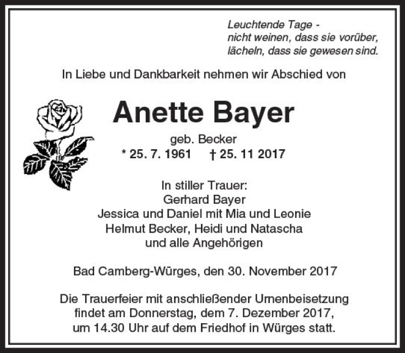 Traueranzeigen Von Anette Bayer Vrm Trauer De