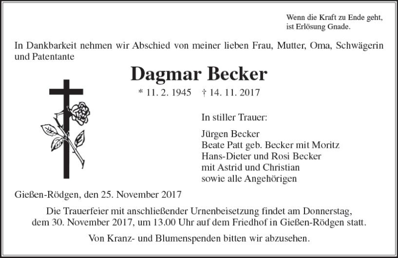 Traueranzeigen Von Dagmar Becker Vrm Trauer De