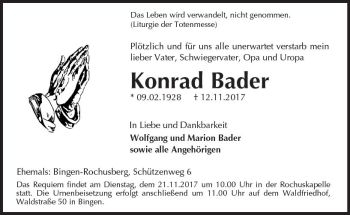 Traueranzeigen Von Konrad Bader Vrm Trauer De