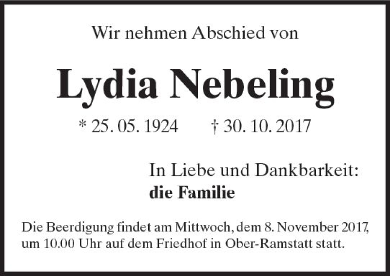 Traueranzeigen Von Lydia Nebeling Vrm Trauer De