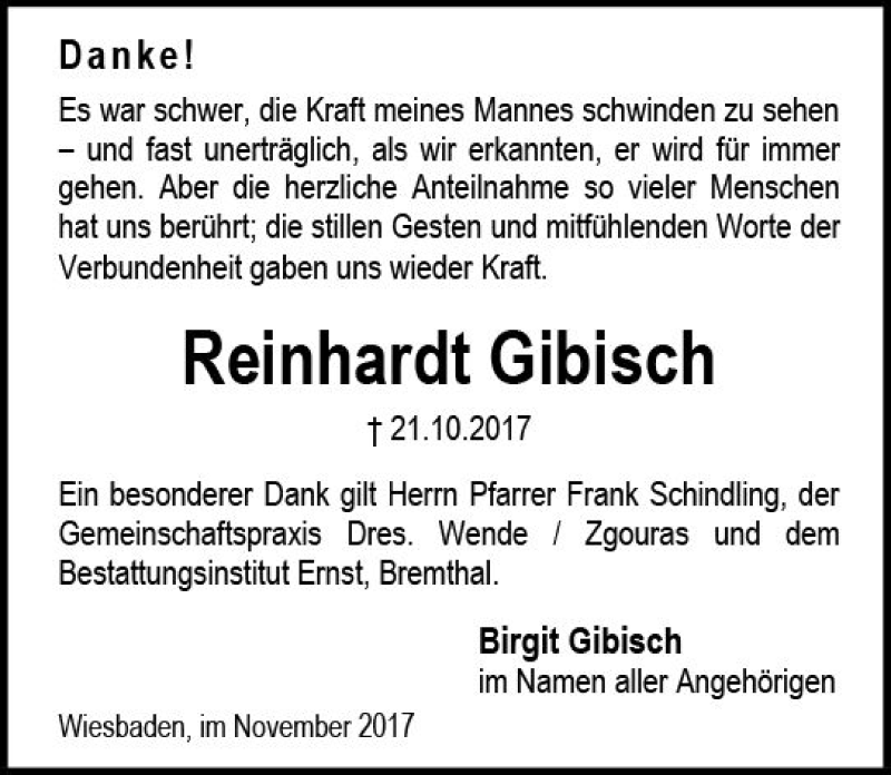 Traueranzeigen Von Reinhardt Gibisch Vrm Trauer De